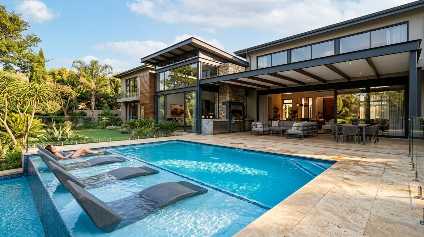 Luxury modern swimming pool and contemporary residential house extension completed by SMK Projects in Gauteng